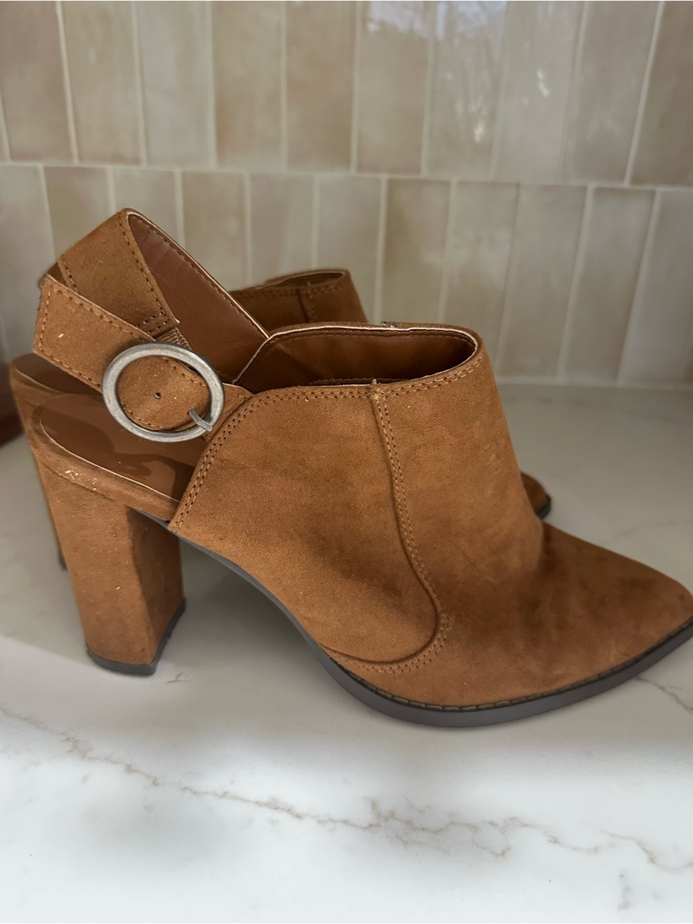 Women’s Tan Suede Block Heel Slingback Booties - Casual Chic